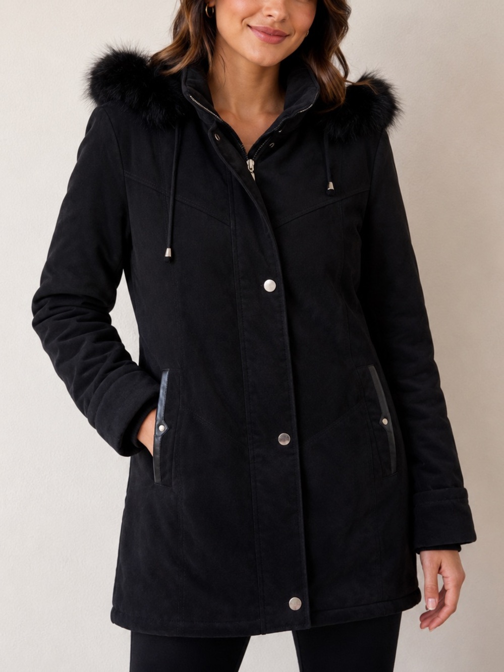 Nuage Black Faux Suede Genuine Fox Fur Hooded Winter Coat Small